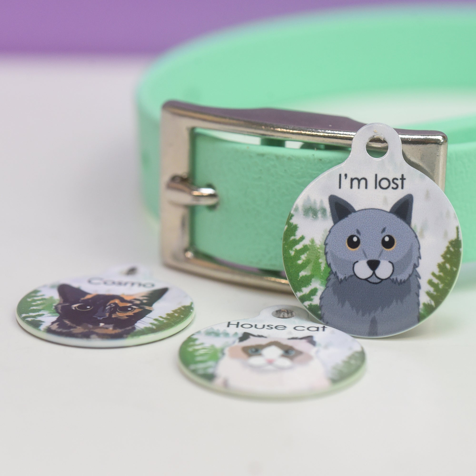 Foggy Forest Personalised Cute Cat Pet Identity Name Tag