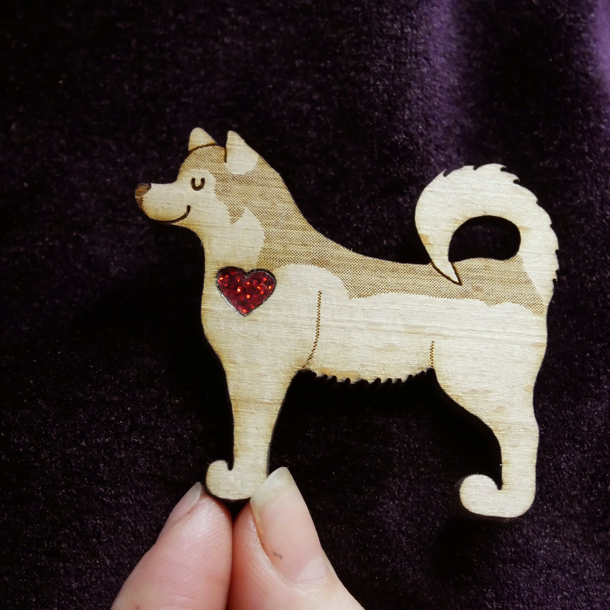 Husky Wooden Brooch with Glitter Heart Detail