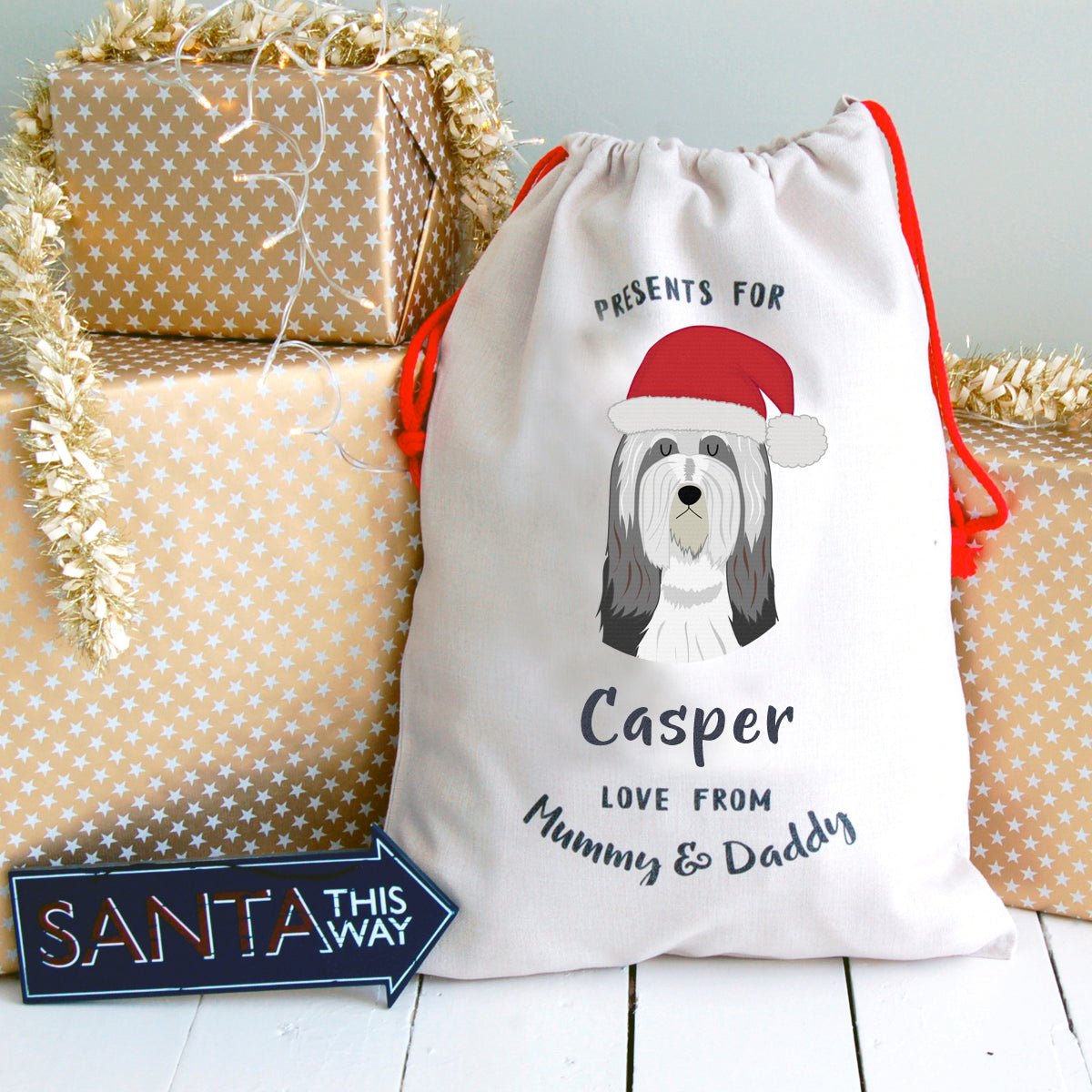 Bearded Collie Personalised Christmas Present Sack  - Hoobynoo - Personalised Pet Tags and Gifts