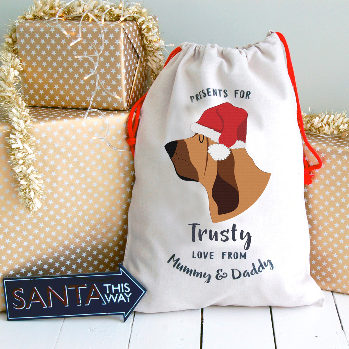 Bloodhound Personalised Christmas Present Sack  - Hoobynoo - Personalised Pet Tags and Gifts