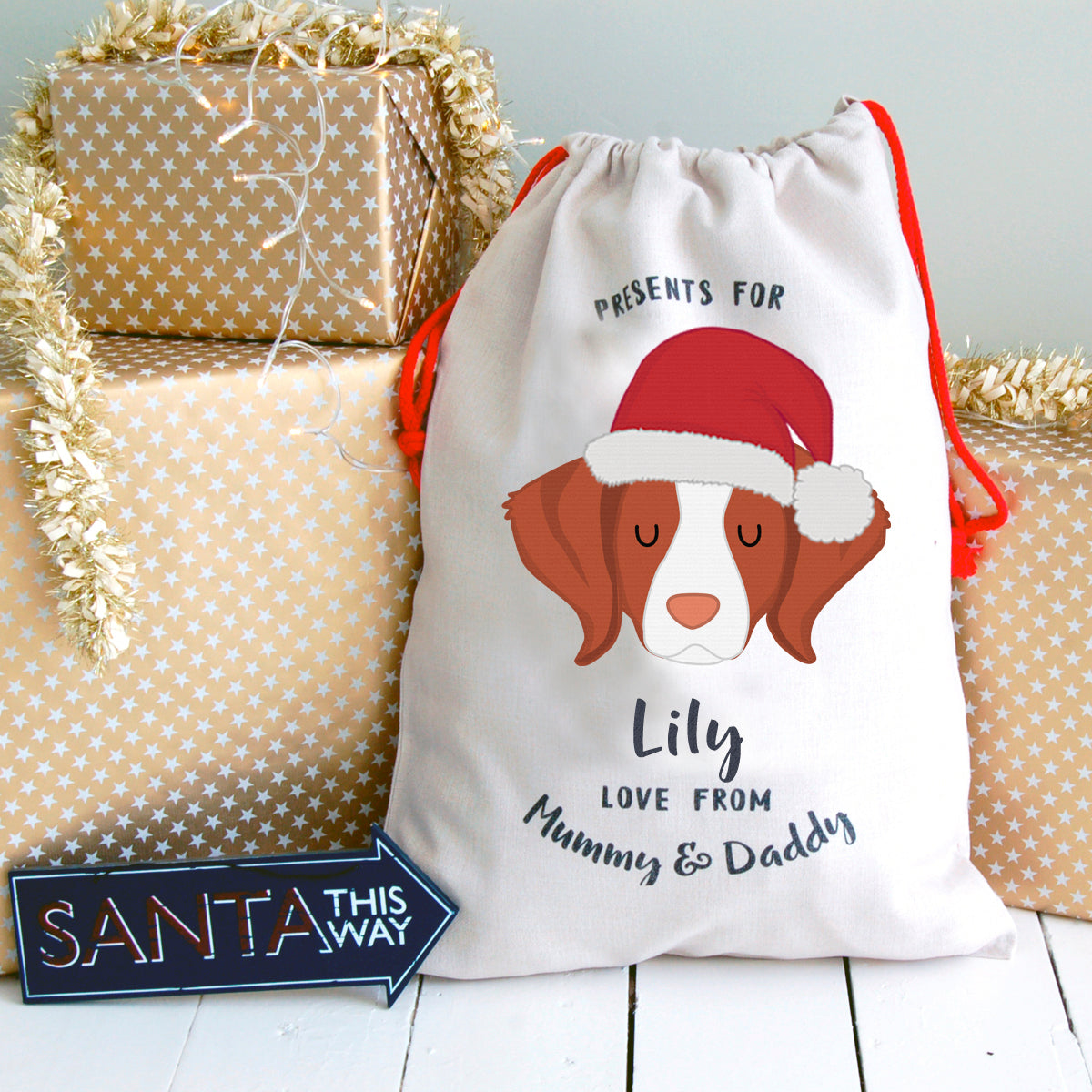 Brittany Personalised Christmas Present Sack  - Hoobynoo - Personalised Pet Tags and Gifts