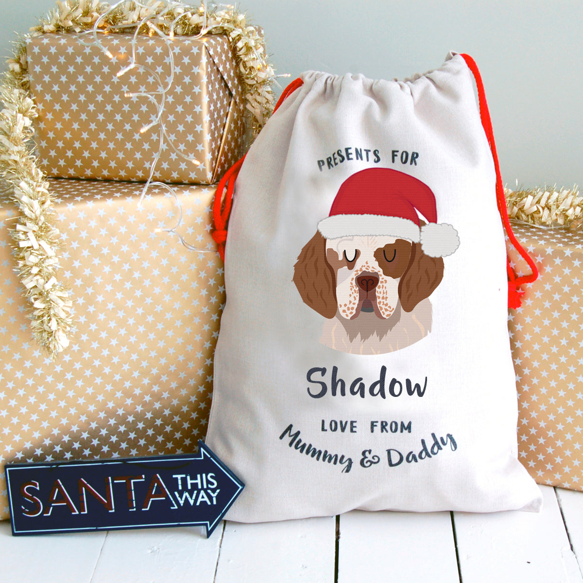 Clumber Spaniel Personalised Christmas Present Sack  - Hoobynoo - Personalised Pet Tags and Gifts