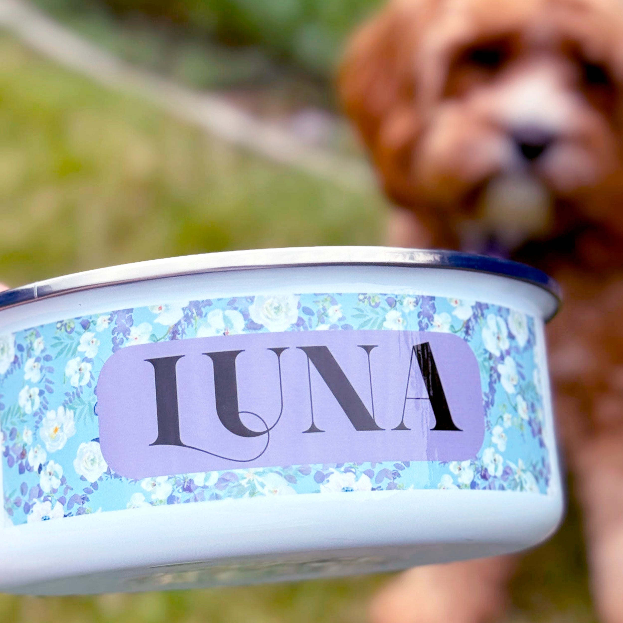 Dogerton Floral- Personalised Enamel Pet Bowl with Lid