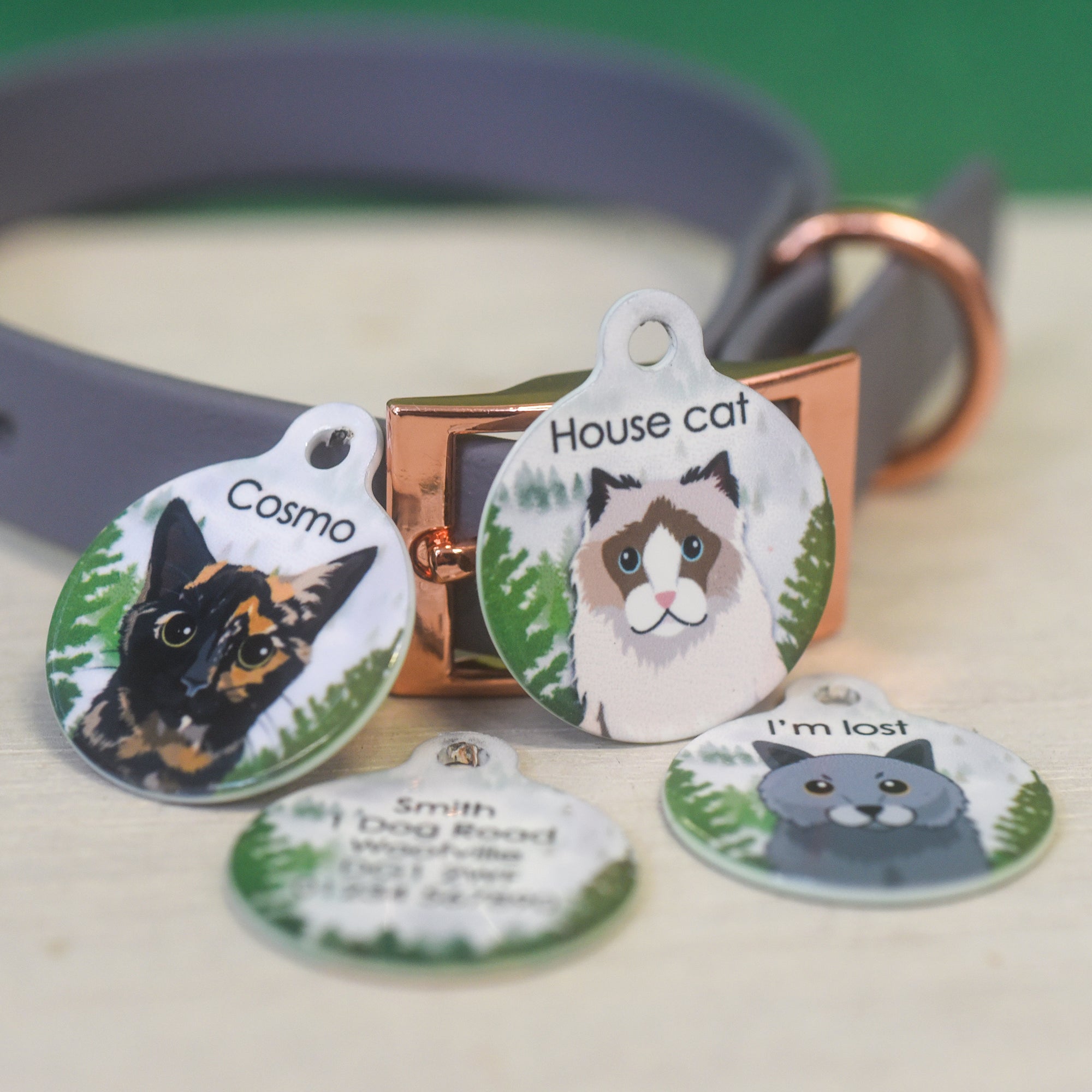 Cat Tag Personalised with Foggy Forest Design for Cat Collar ID Tags