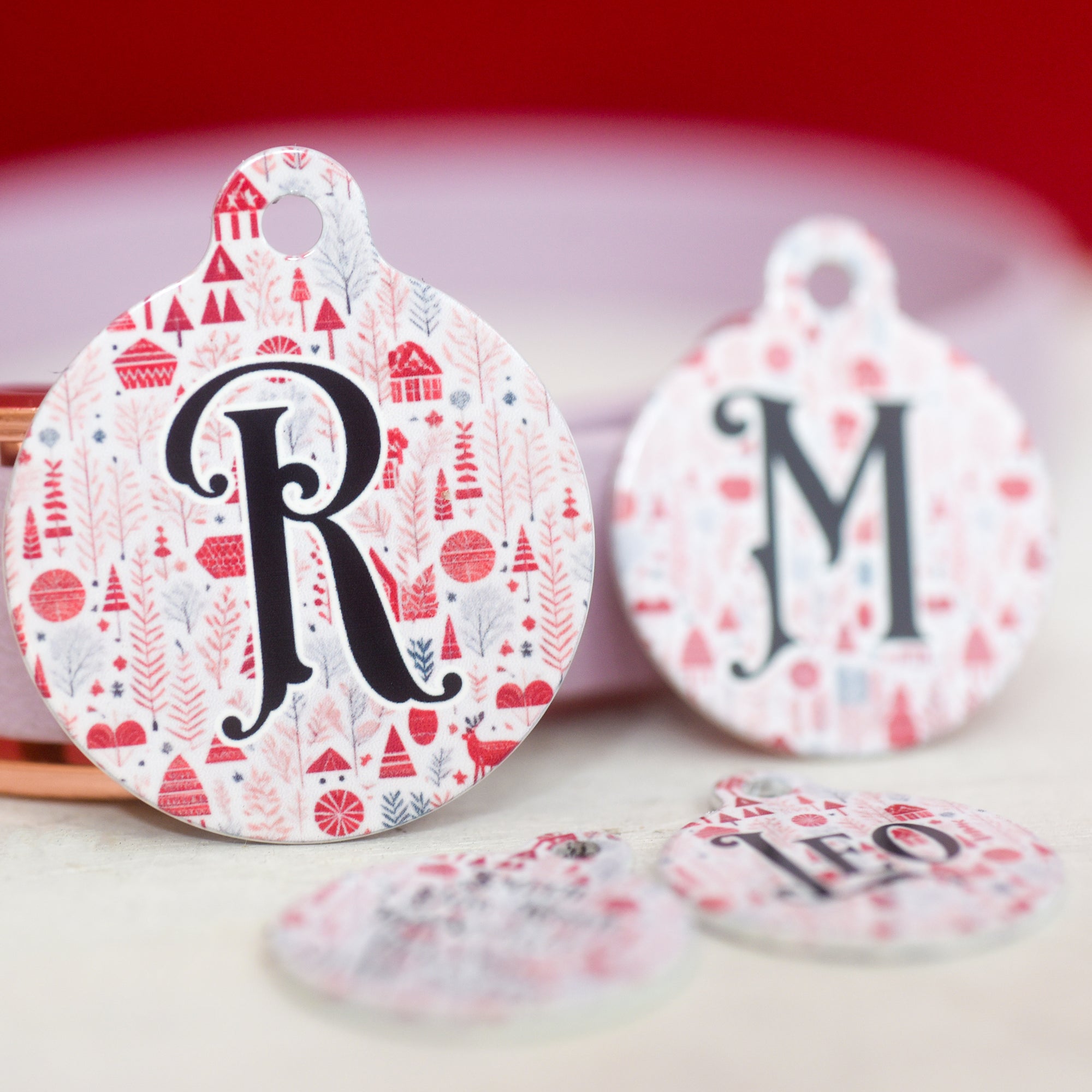 Personalised Nordic Christmas Initial Pet ID Tag - Red