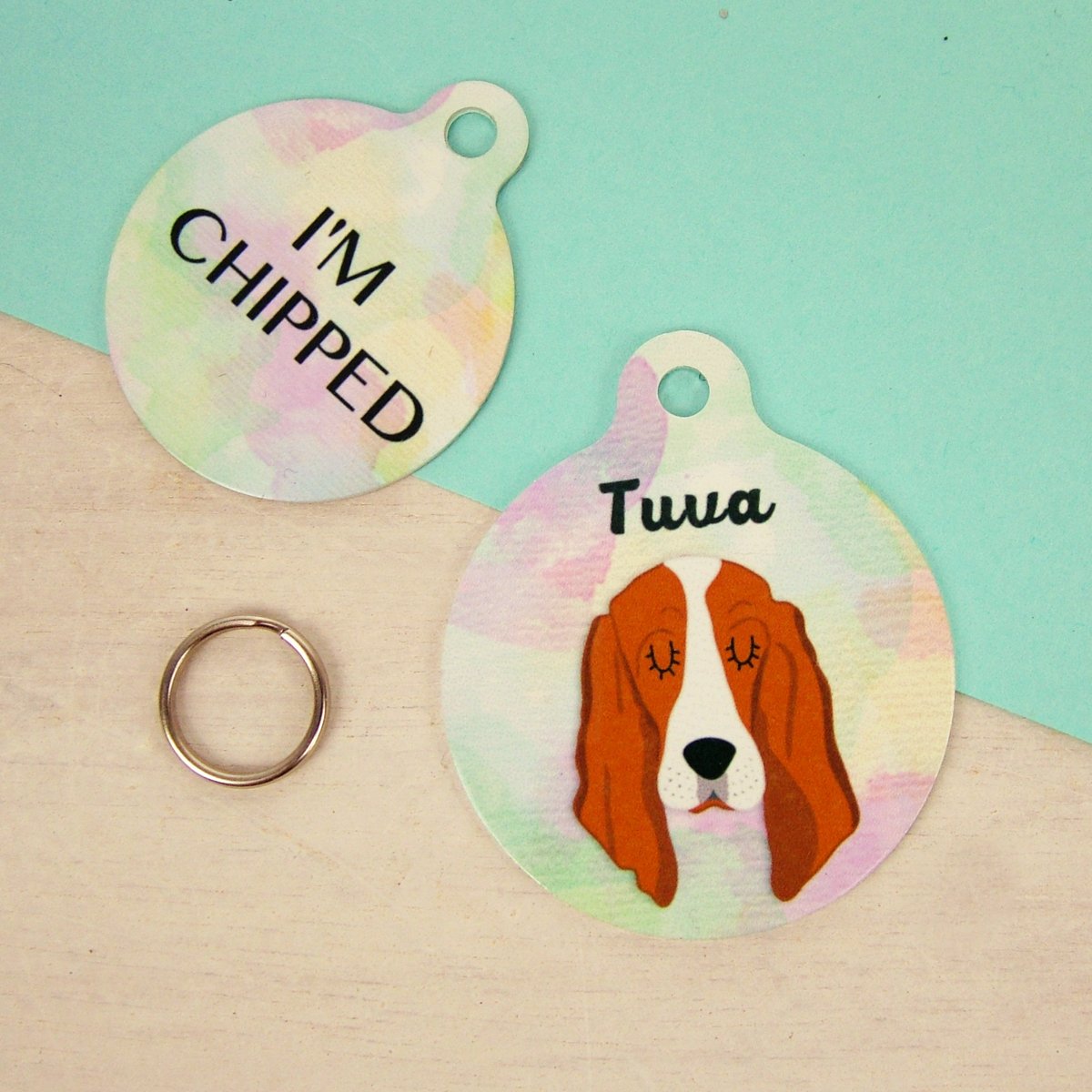 Personalised Basset Hound Dog ID Tag - Watercolour  - Hoobynoo - Personalised Pet Tags and Gifts