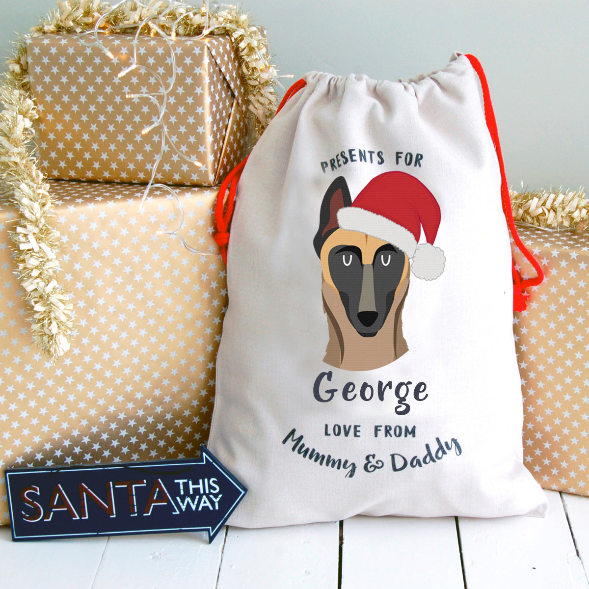 Belgian Malinois Personalised Christmas Present Sack  - Hoobynoo - Personalised Pet Tags and Gifts