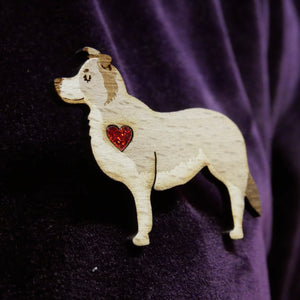 Border Collie Wooden Brooch with Glitter Heart Detail