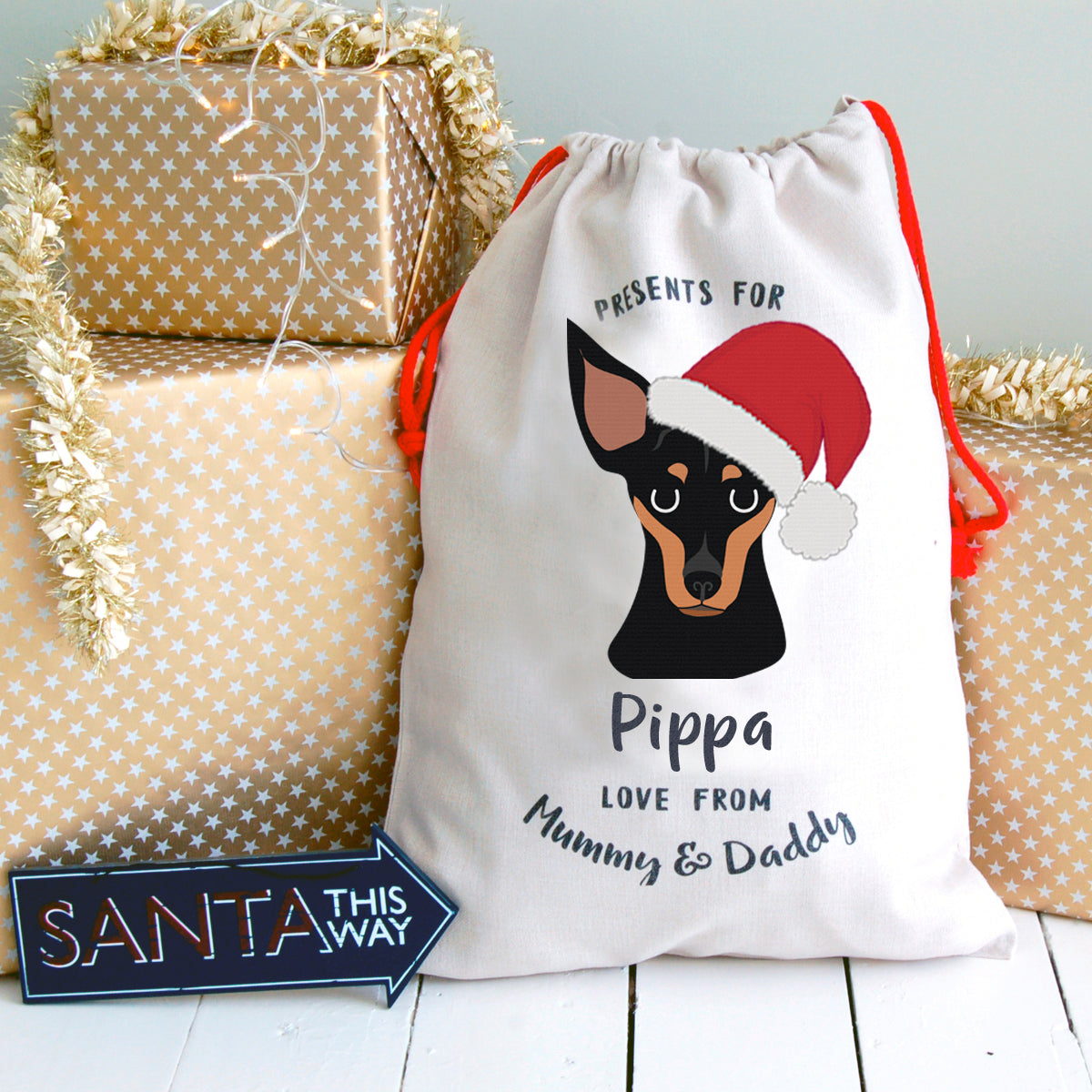 English Toy Terrier Personalised Christmas Present Sack  - Hoobynoo - Personalised Pet Tags and Gifts