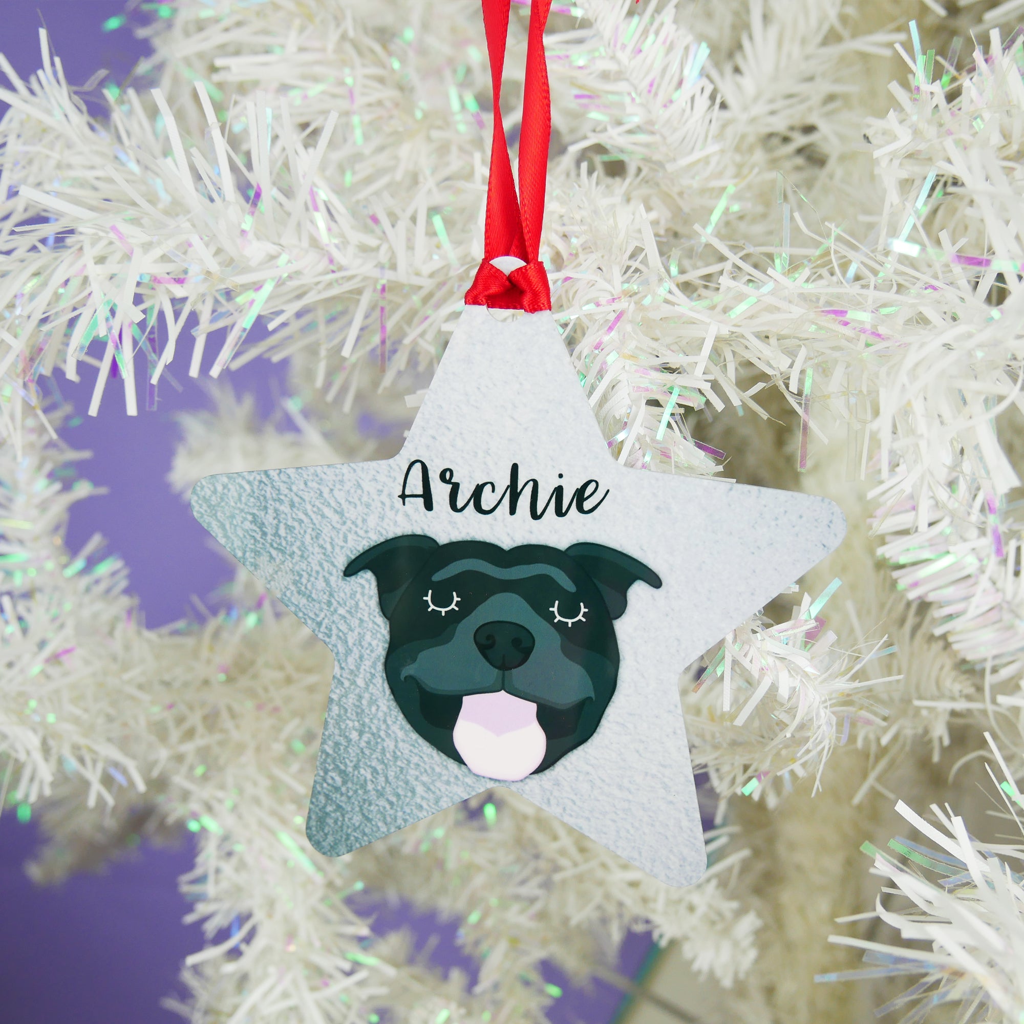 Personalised Staffie Christmas Decoration - Silver Design  - Hoobynoo - Personalised Pet Tags and Gifts