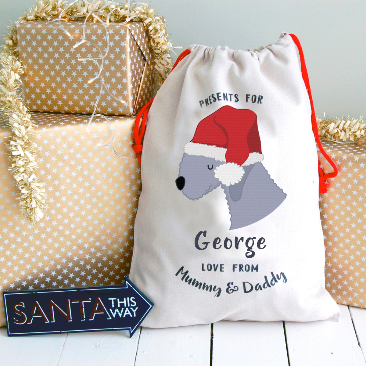 Bedlington Terrier Personalised Christmas Present Sack  - Hoobynoo - Personalised Pet Tags and Gifts