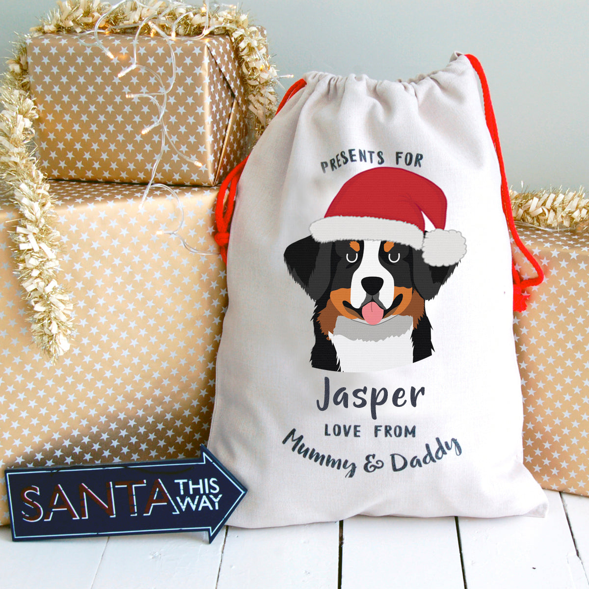 Bernese Mountain Dog Personalised Christmas Present Sack  - Hoobynoo - Personalised Pet Tags and Gifts