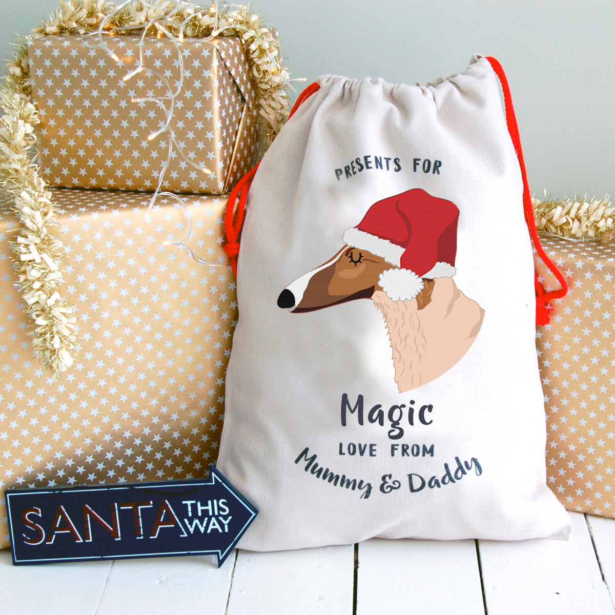 Borzoi Personalised Christmas Present Sack  - Hoobynoo - Personalised Pet Tags and Gifts