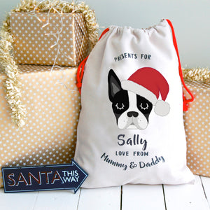 Boston Terrier Personalised Christmas Present Sack  - Hoobynoo - Personalised Pet Tags and Gifts
