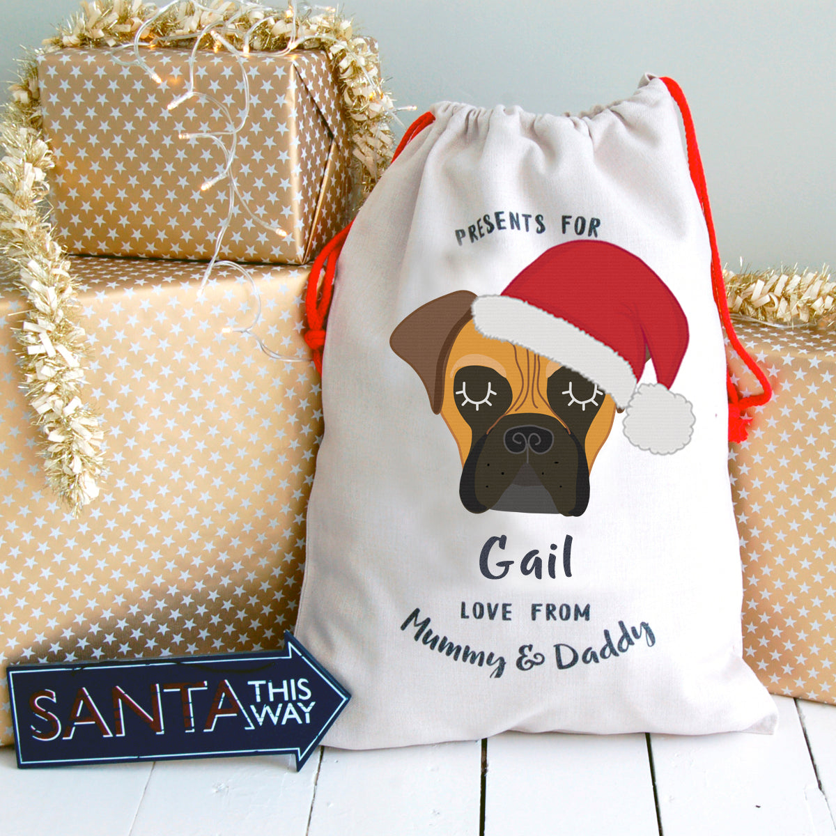 Bull Mastiff Personalised Christmas Present Sack  - Hoobynoo - Personalised Pet Tags and Gifts