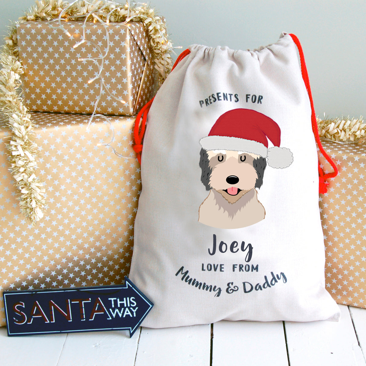 Catalan Sheepdog Personalised Christmas Present Sack  - Hoobynoo - Personalised Pet Tags and Gifts