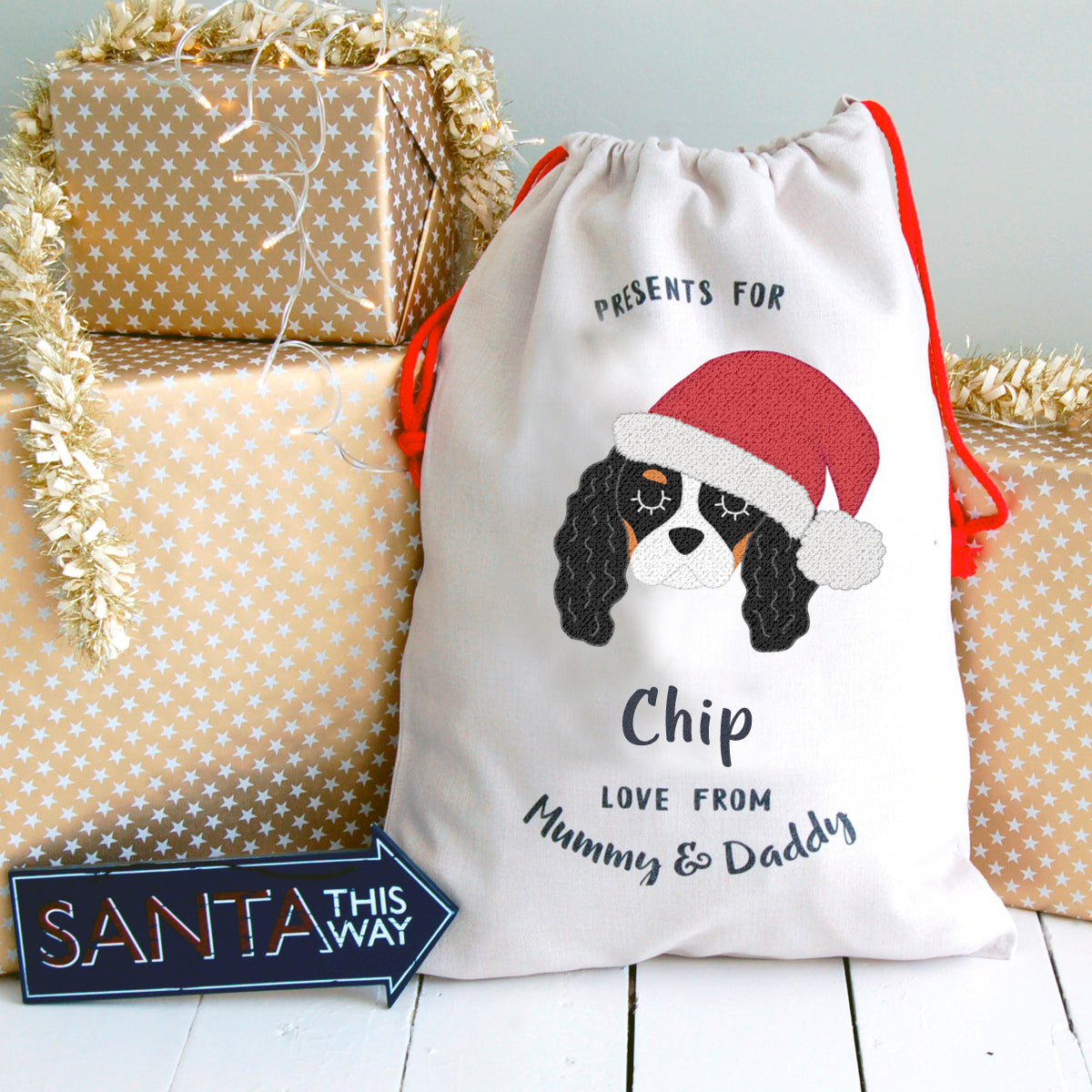 Personalised King Charles Cavalier Christmas Sack  - Hoobynoo - Personalised Pet Tags and Gifts