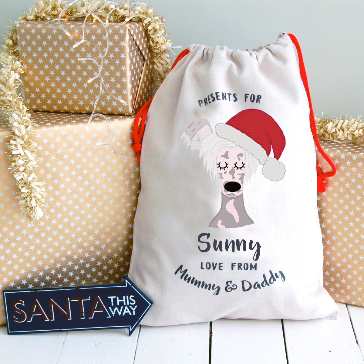 Chinese Crested Personalised Christmas Present Sack  - Hoobynoo - Personalised Pet Tags and Gifts