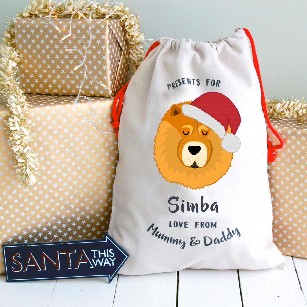 Chow Chow Personalised Christmas Present Sack  - Hoobynoo - Personalised Pet Tags and Gifts