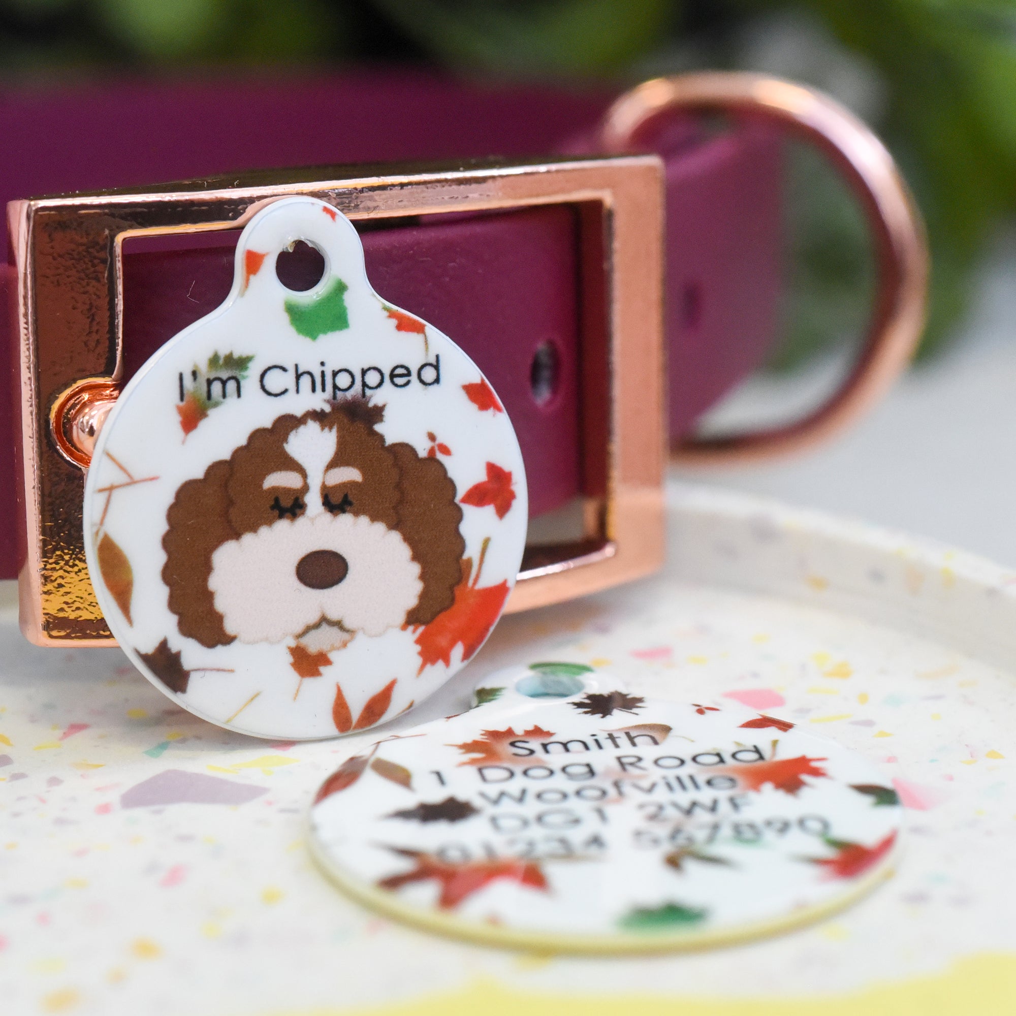 Cockapoo Personalised Dog Tag - Red Leaves