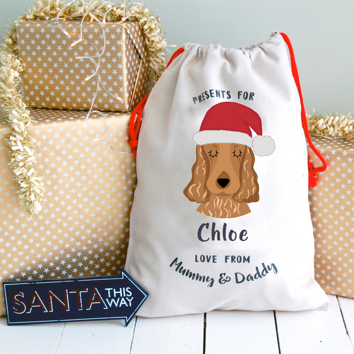 Cocker Spaniel Personalised Christmas Present Sack  - Hoobynoo - Personalised Pet Tags and Gifts