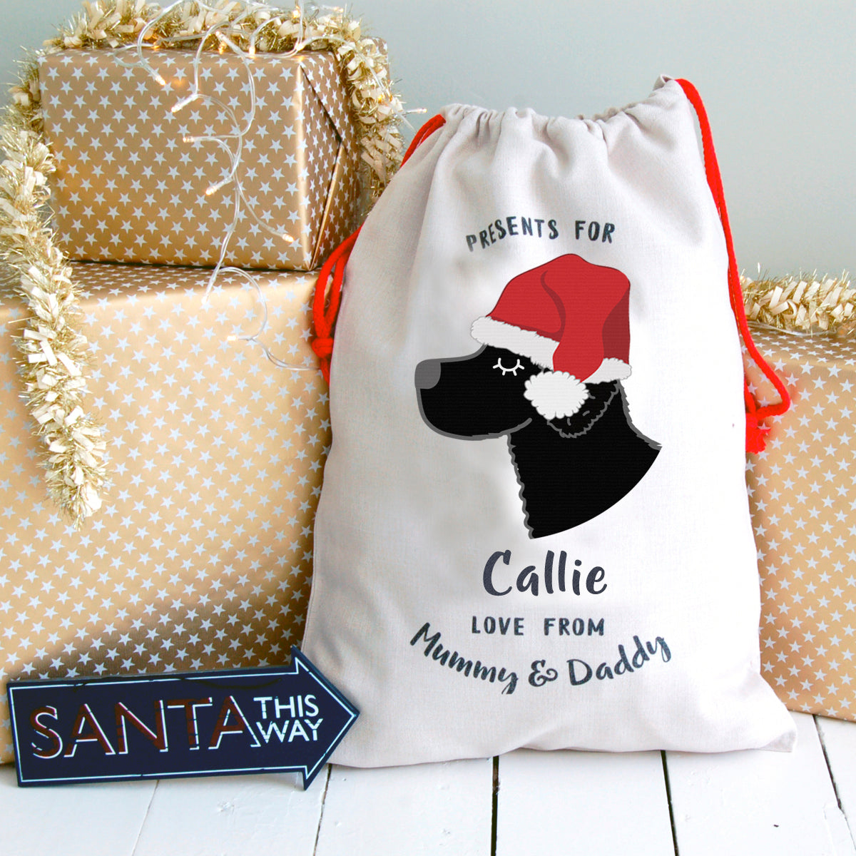 Curly Coated Retriever Personalised Christmas Present Sack  - Hoobynoo - Personalised Pet Tags and Gifts