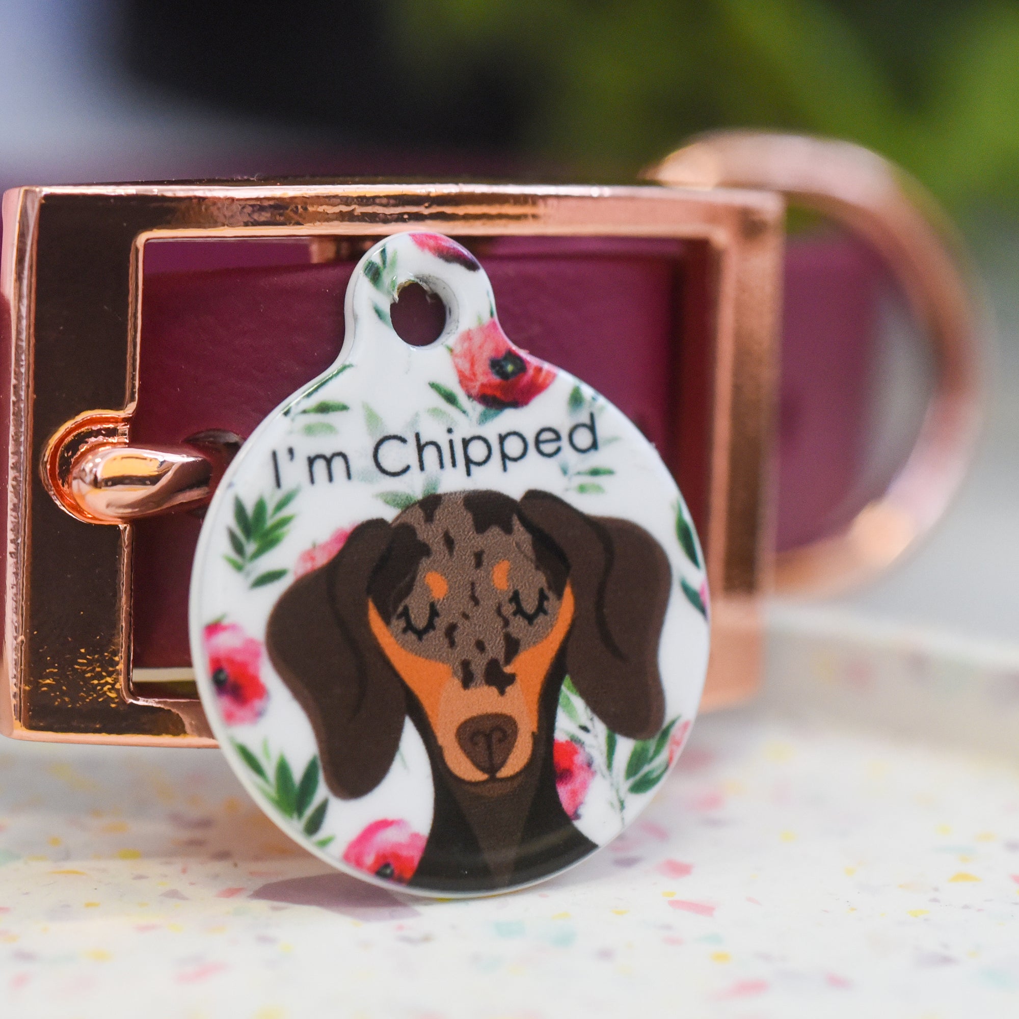 Personalised Dachshund Dog Tag - Red Flowers