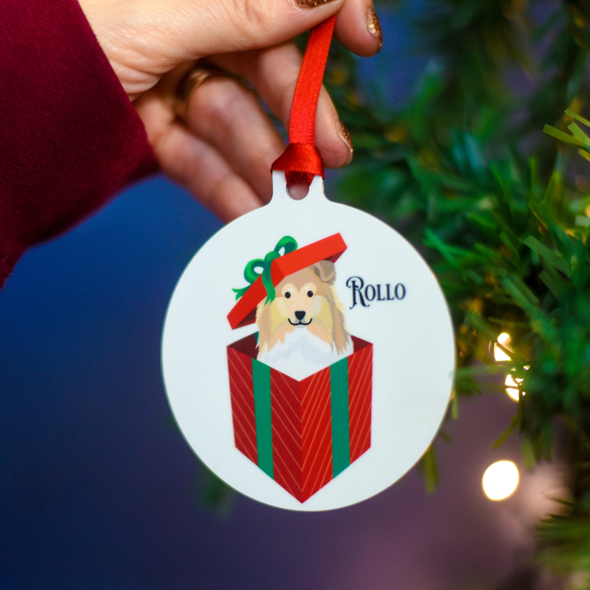 Personalised Cute Dog In Present Christmas Decoration