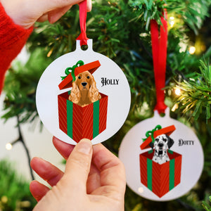 Personalised Cute Dog In Present Christmas Decoration