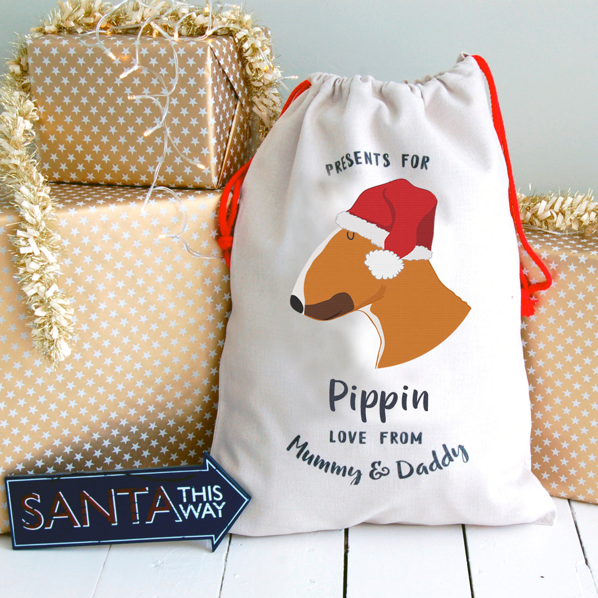 English Bull Terrier Personalised Christmas Present Sack  - Hoobynoo - Personalised Pet Tags and Gifts