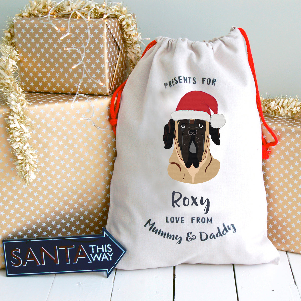 English Mastiff Personalised Christmas Present Sack  - Hoobynoo - Personalised Pet Tags and Gifts