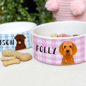 Personalised Ceramic Dog Bowl - Gingham Collection - Realistic Illustrations
