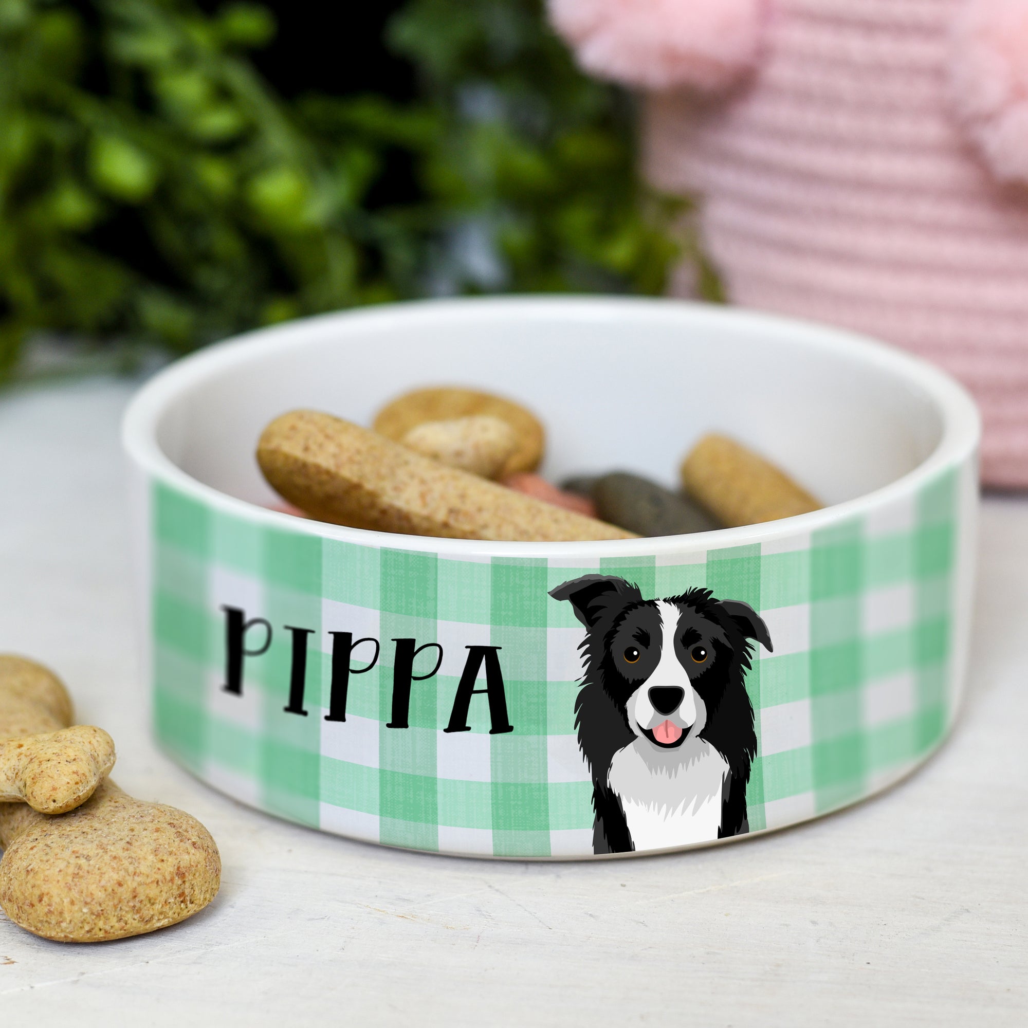 Personalised Ceramic Dog Bowl - Gingham Collection - Realistic Illustrations