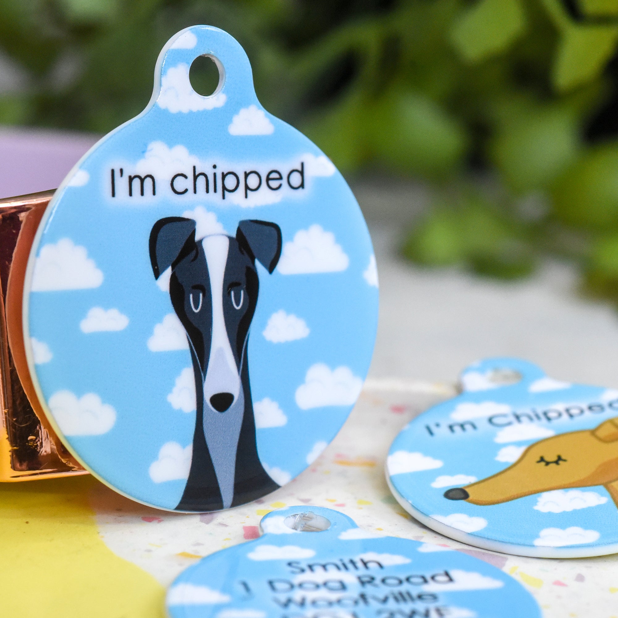 Greyhound/ Whippet Personalised Dog Tag - Happy Clouds