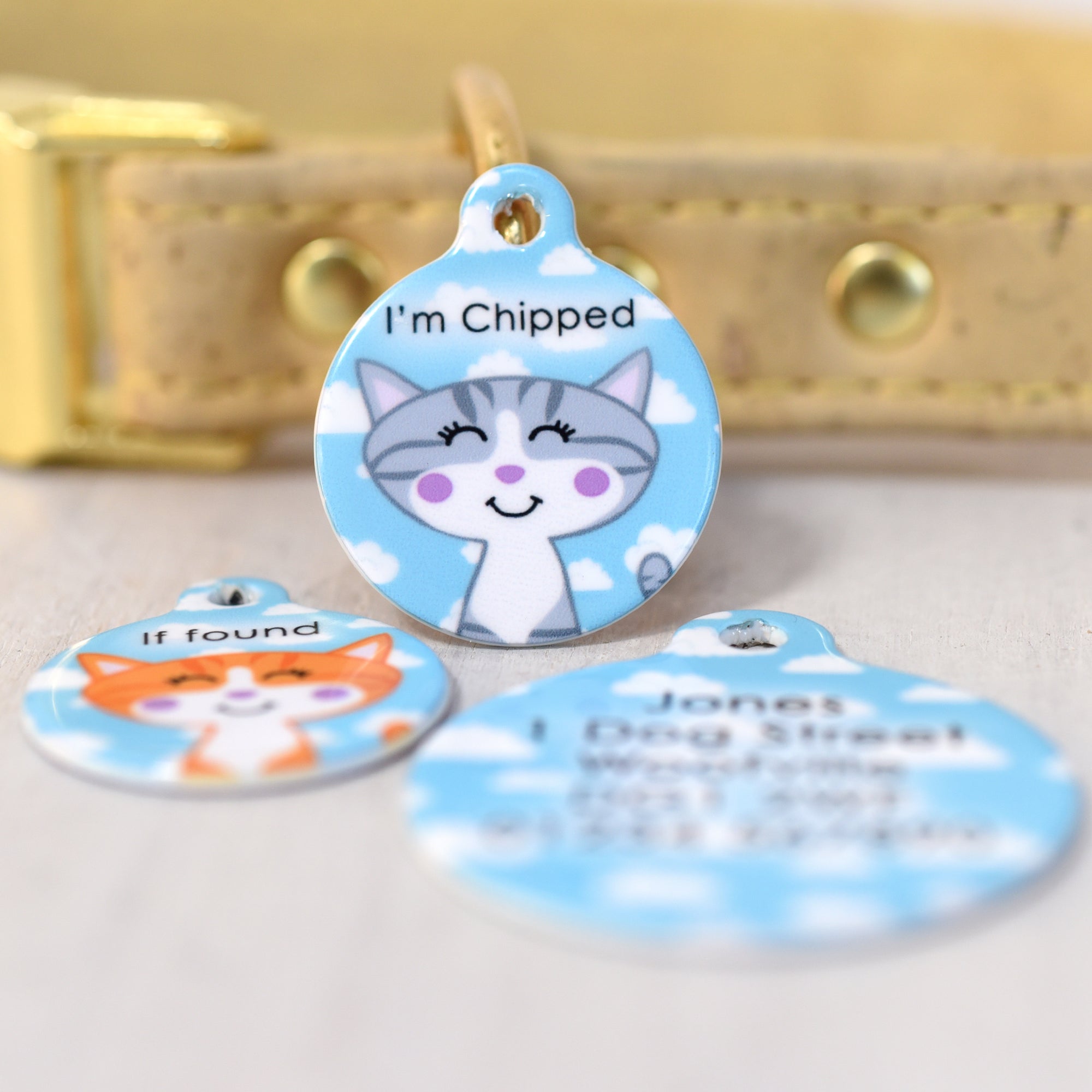 Personalised Happy Clouds Cat Pet Identity Name Tag