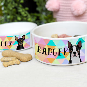 Personalised Ceramic Dog Bowl - Pastel Harlequin Collection - Realistic Illustrations