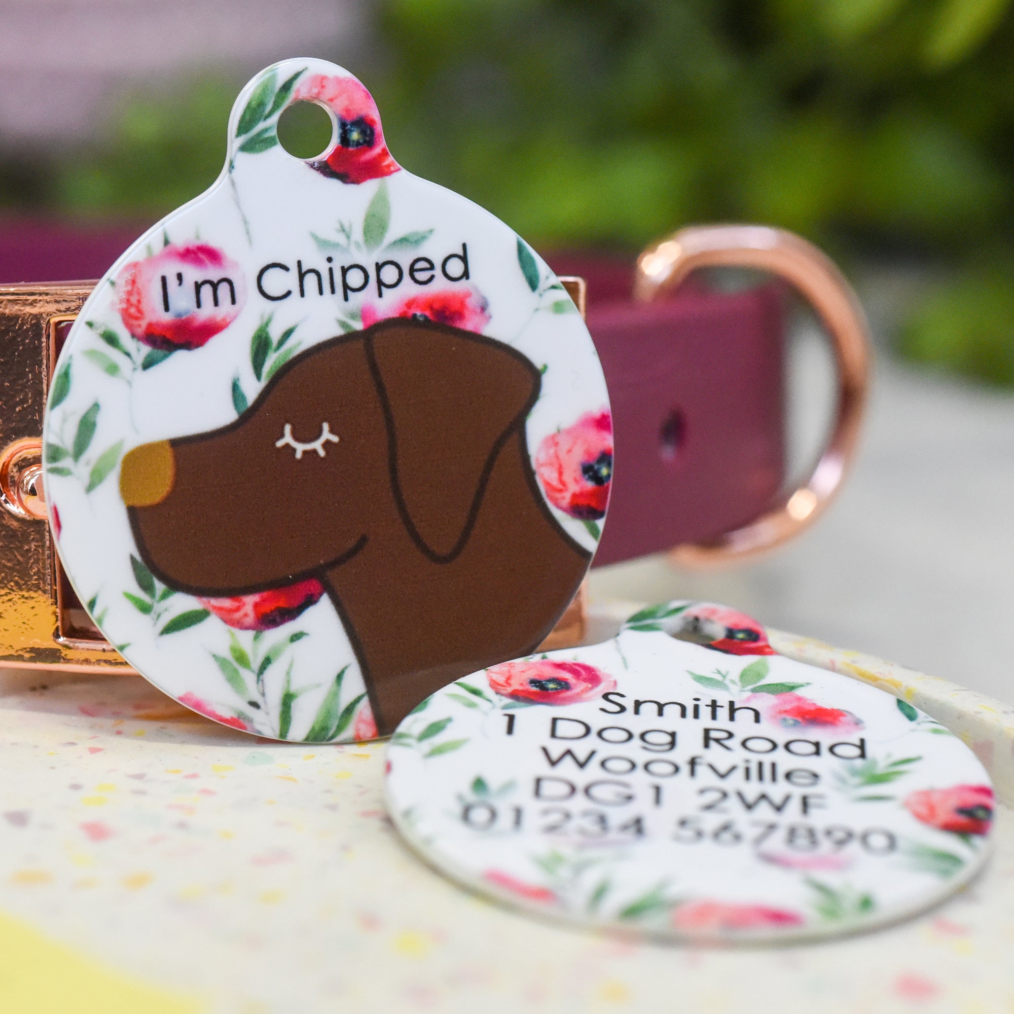 Personalised Labrador Dog Tag - Red Flowers