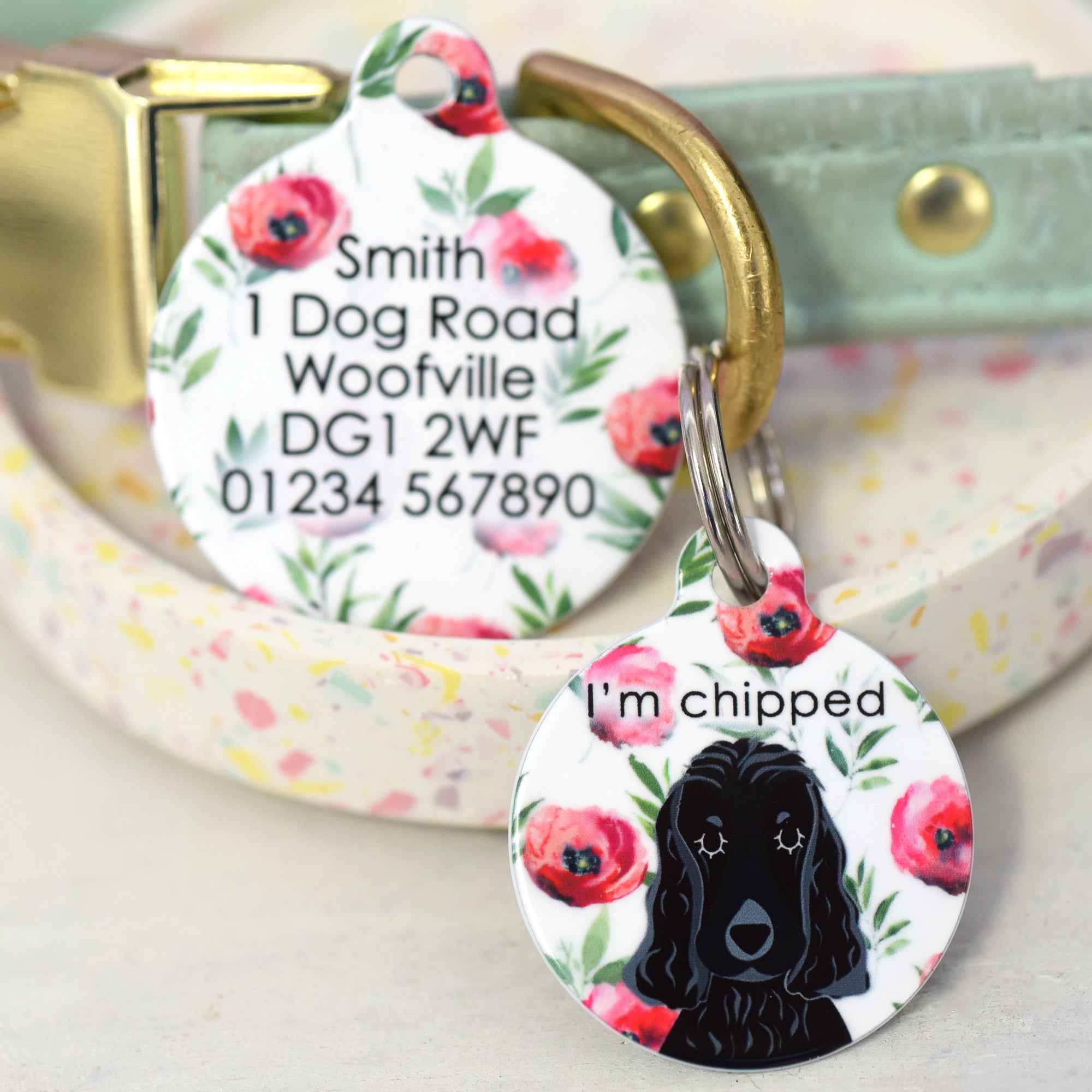Personalised Dog Tag - Red Flowers