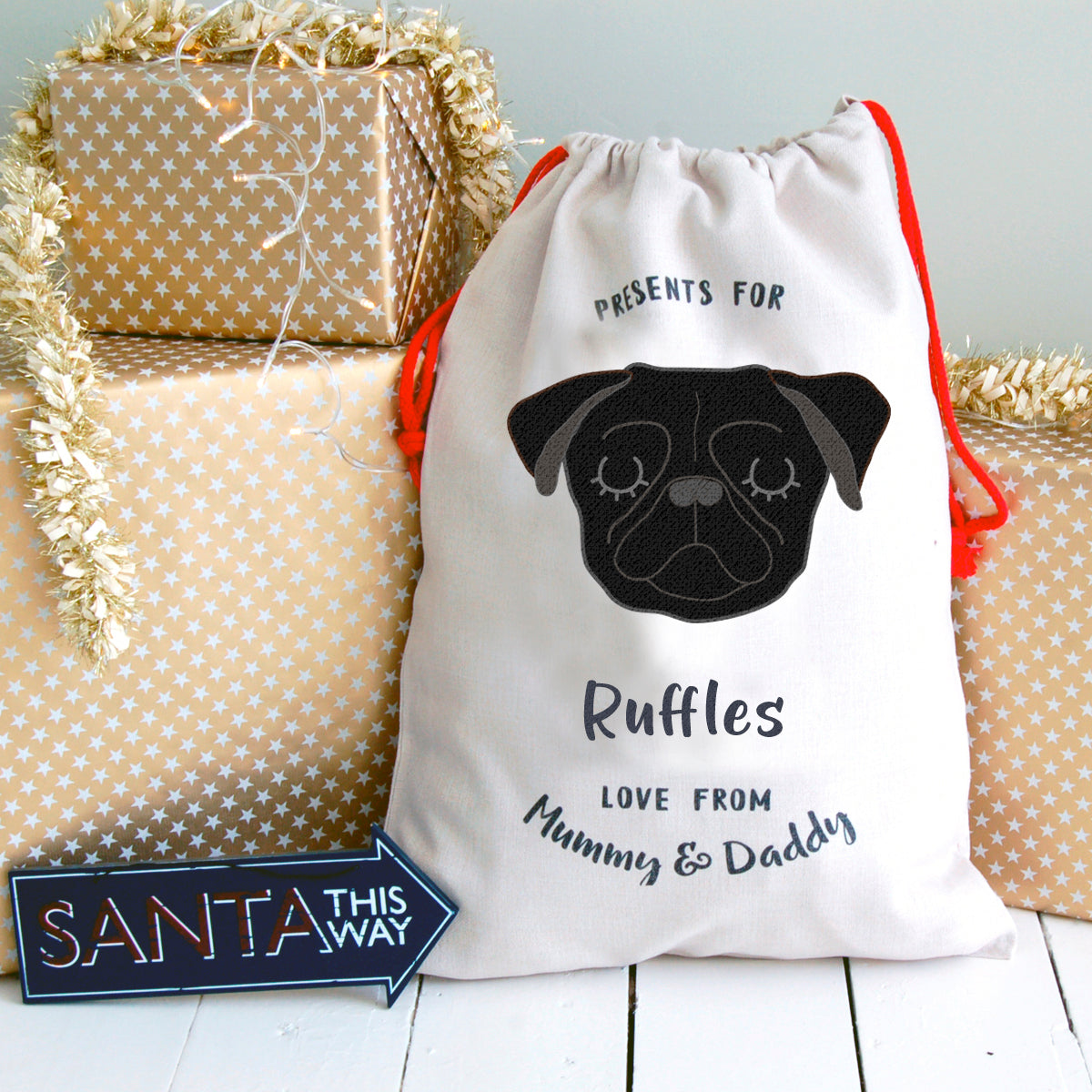 Pug Christmas Gift Sack Personalised  - Hoobynoo - Personalised Pet Tags and Gifts