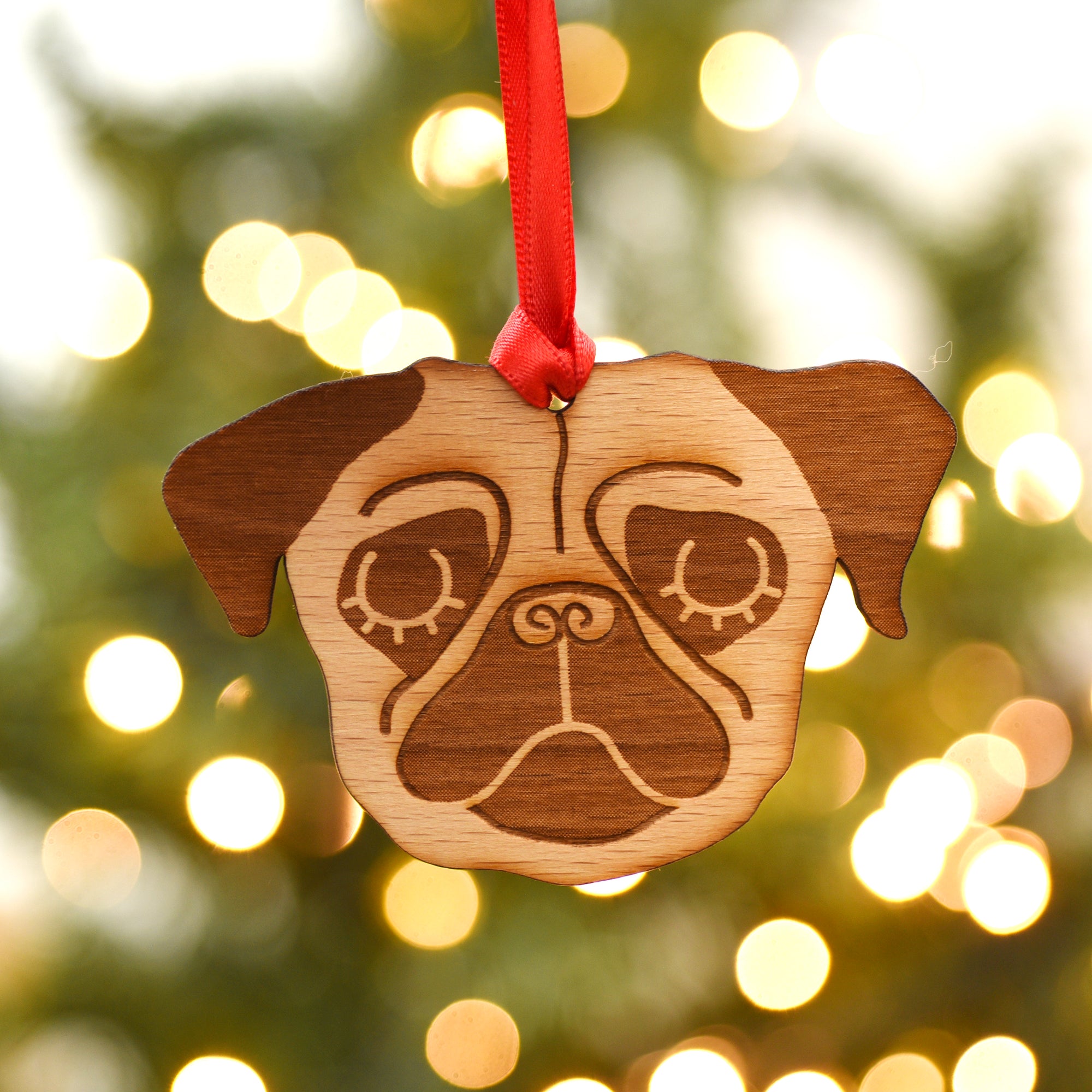 Wooden Pug Christmas Ornament