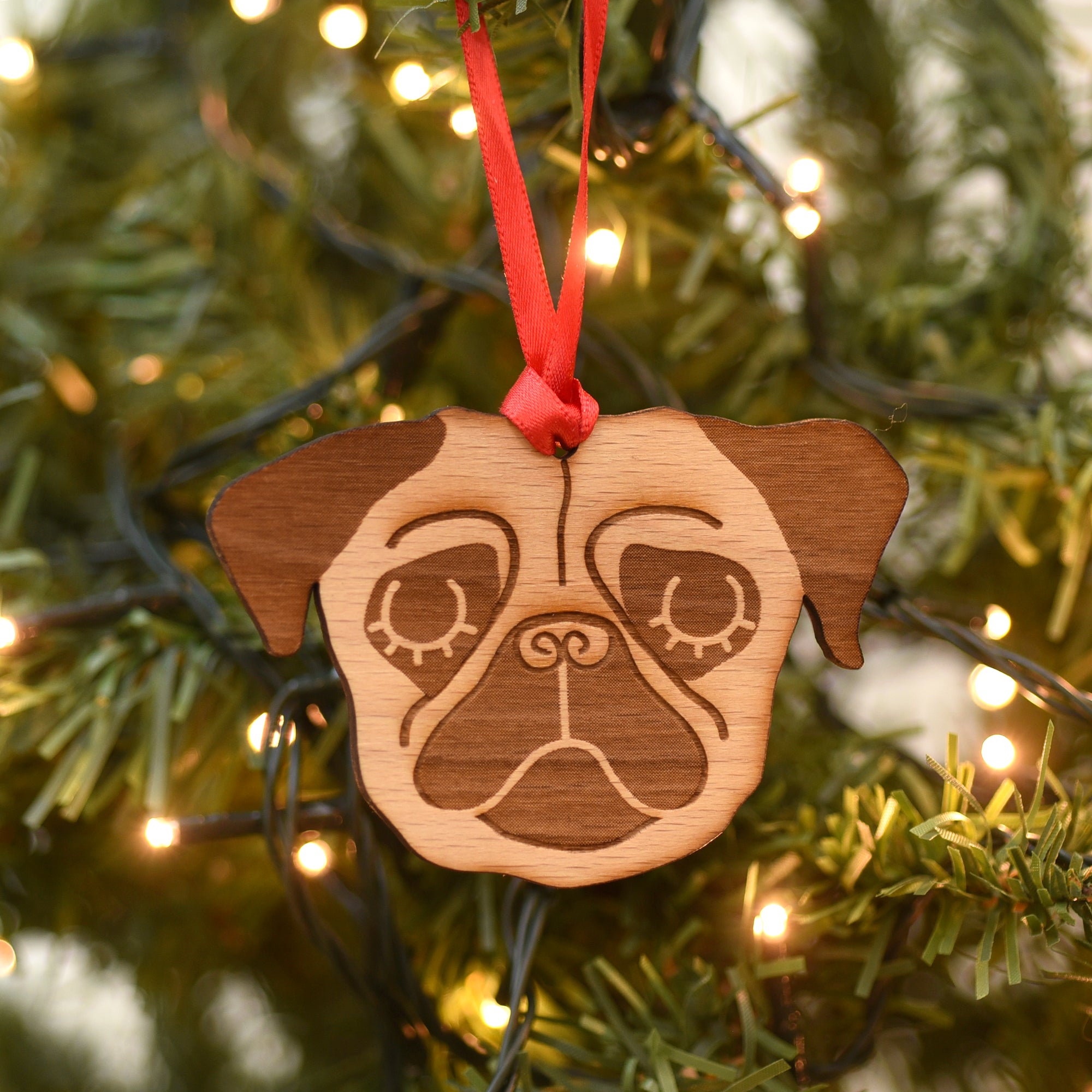 Wooden Pug Christmas Ornament