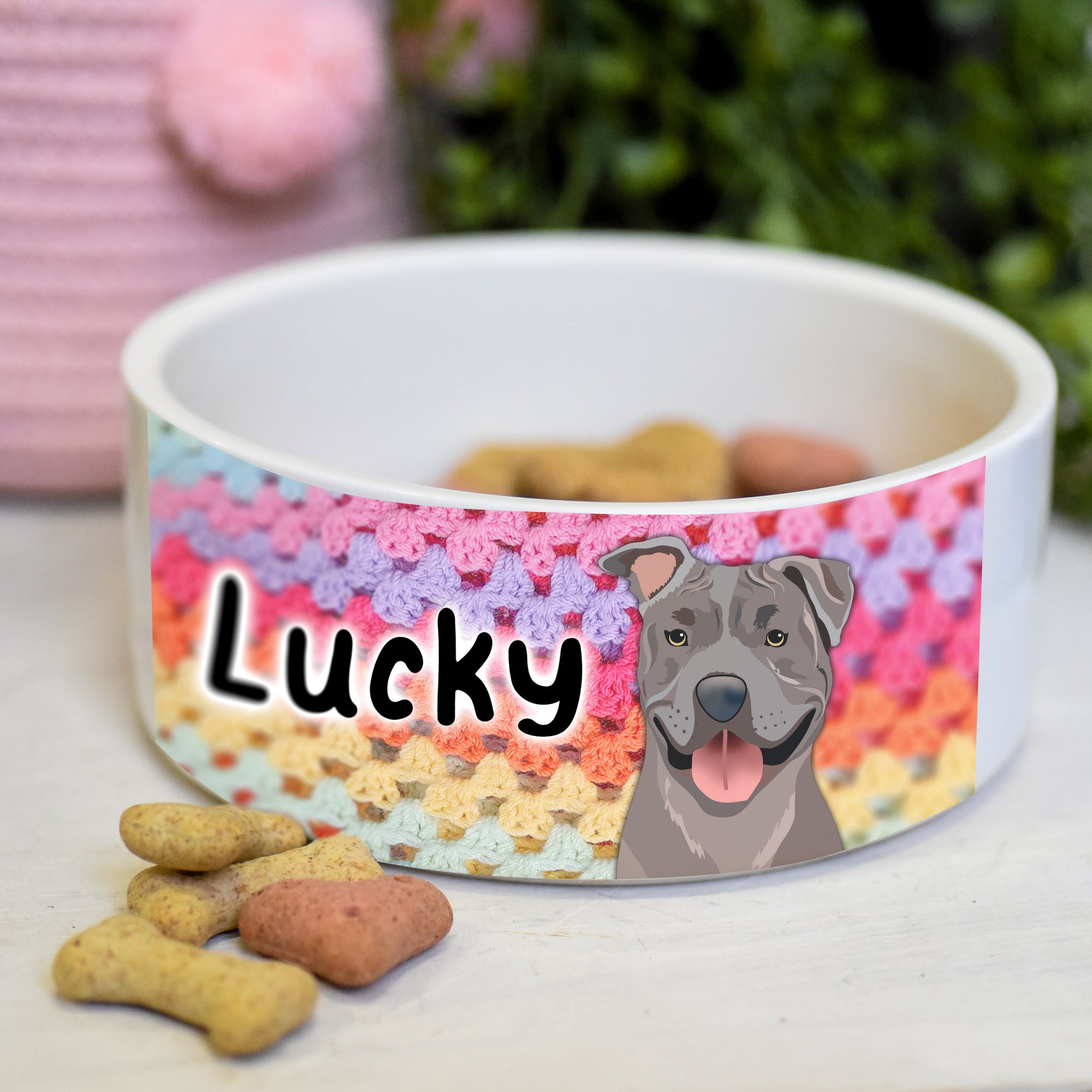 Personalised Ceramic Dog Bowl - Rainbow Crochet Collection - Realistic Illustrations